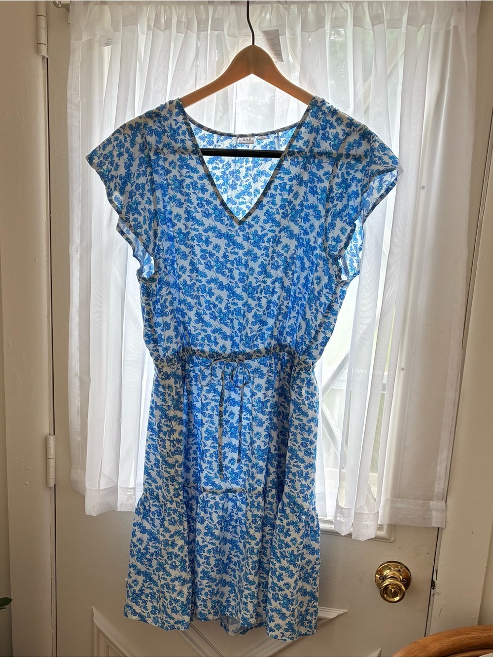 GAP Blue Floral V-Neck Tie-Waist Mini Dress
